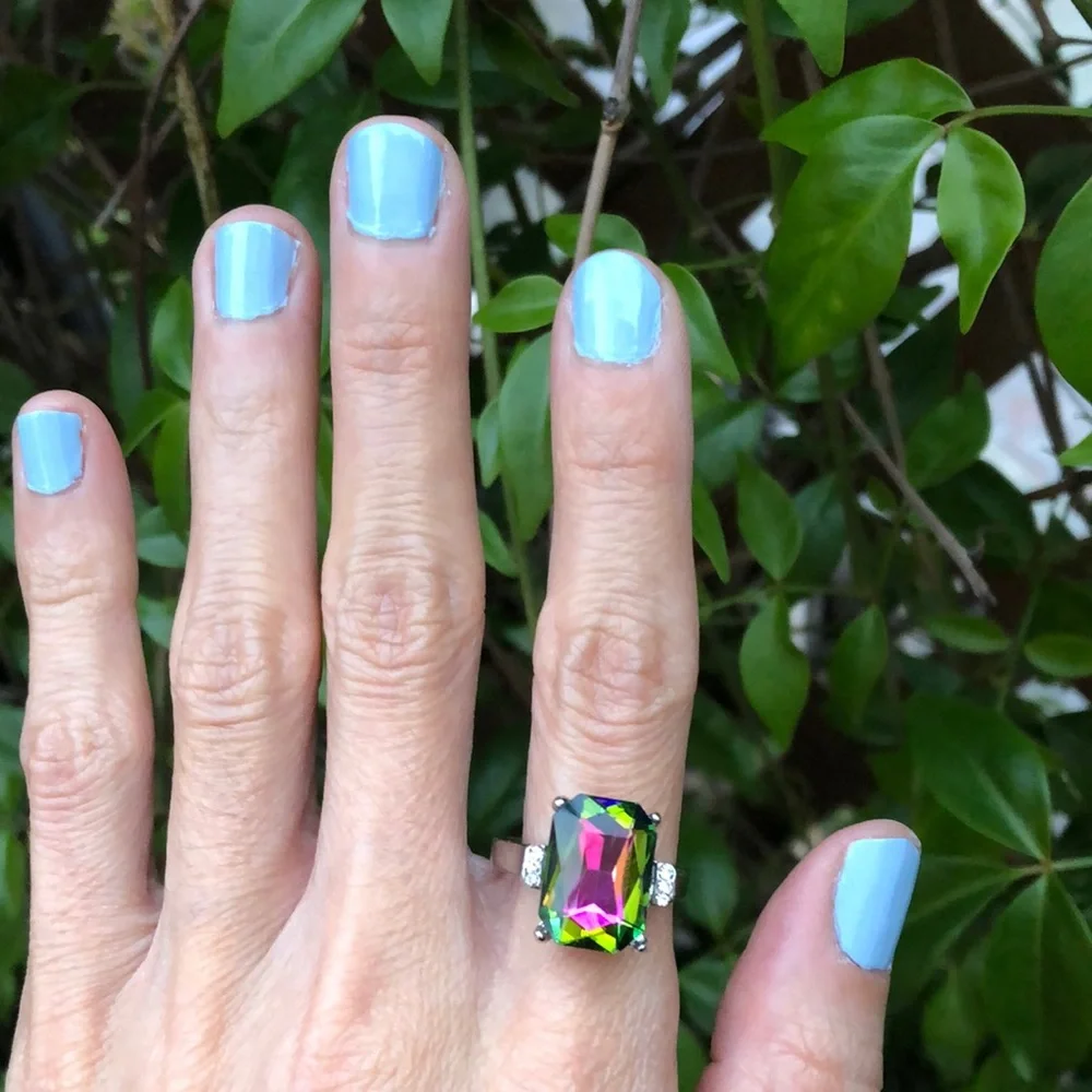 Emerald Cut Heliotrope Crystal + Cubic Zirconia Silver Ring